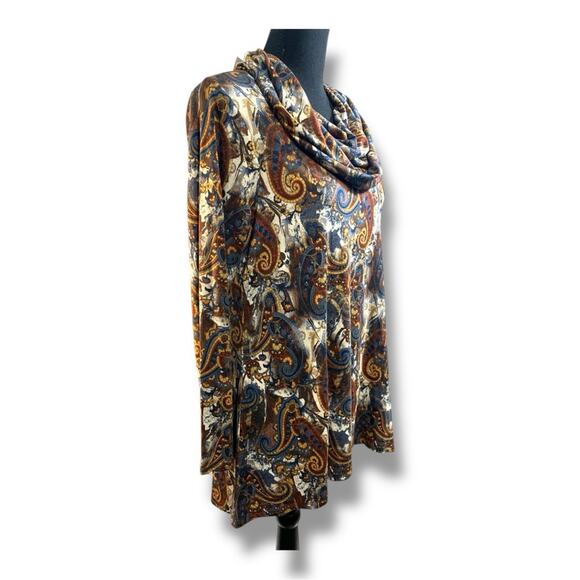 INTRO Brown Blue Gold Rust Paisley Cowl Neck Tunic  Hi Lo Long Sleeve Top NWT M - Picture 6 of 14